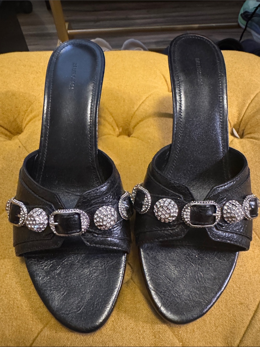 Balenciaga Women's Black Slip-On Heeled Sandals with Crystal Accents